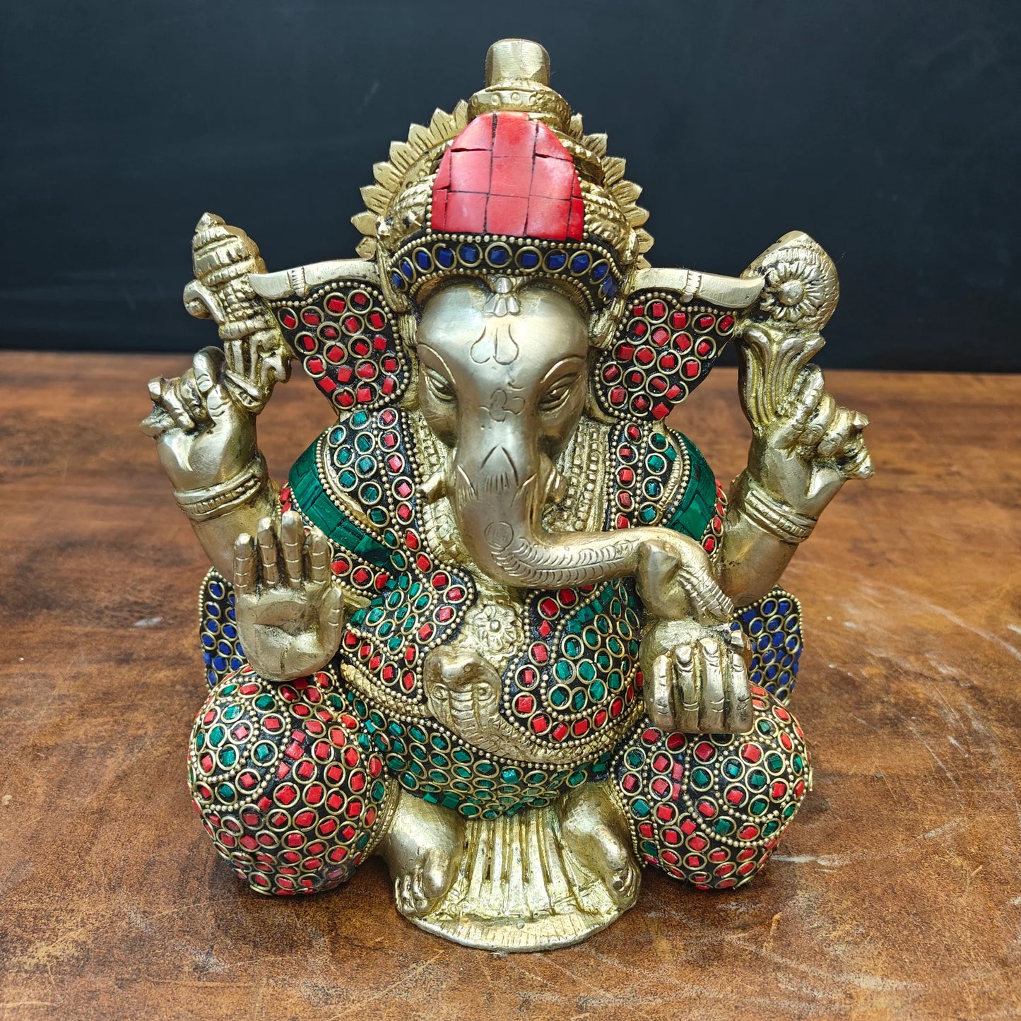 Brassaura® Handmade Brass Lord Ganesha Idol with Stone Work | Decorative Ganesh Murti for Home Temple, Office & Pooja Room | Height 8 Inches | 6 Kg