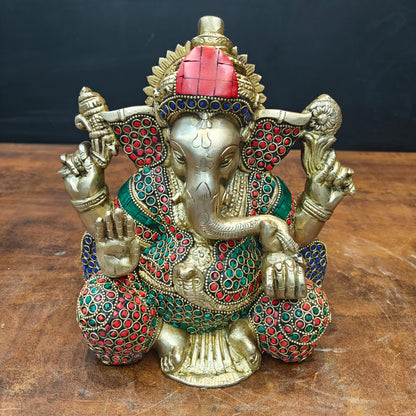 Brassaura® Handmade Brass Lord Ganesha Idol with Stone Work | Decorative Ganesh Murti for Home Temple, Office & Pooja Room | Height 8 Inches | 6 Kg