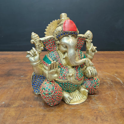 Brassaura® Handmade Brass Lord Ganesha Idol with Stone Work | Decorative Ganesh Murti for Home Temple, Office & Pooja Room | Height 8 Inches | 6 Kg