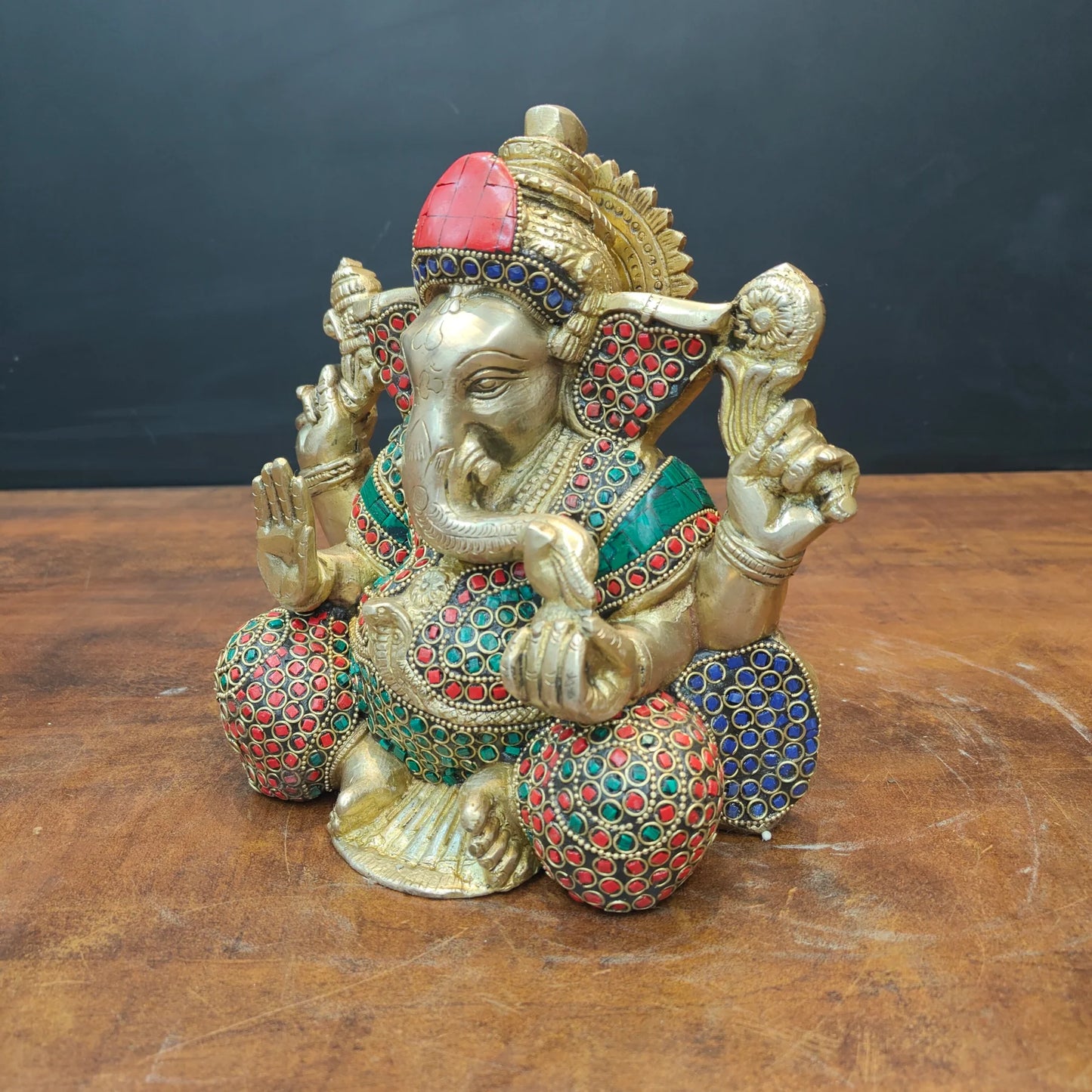 Brassaura® Handmade Brass Lord Ganesha Idol with Stone Work | Decorative Ganesh Murti for Home Temple, Office & Pooja Room | Height 8 Inches | 6 Kg