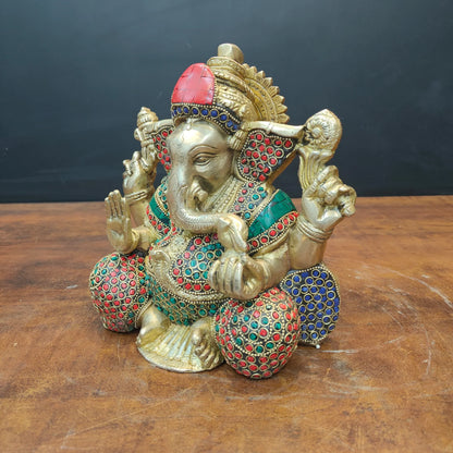 Brassaura® Handmade Brass Lord Ganesha Idol with Stone Work | Decorative Ganesh Murti for Home Temple, Office & Pooja Room | Height 8 Inches | 6 Kg