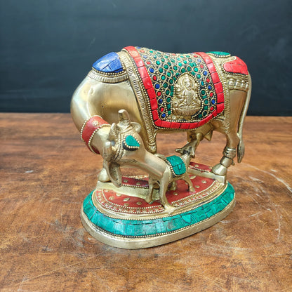 Brassaura® Handmade Brass Kamadhenu Cow with Calf Statue | Inlaid Stone Decorative Idol | Sacred Cow & Calf Murti for Home, Pooja Room, Temple & Vastu | 7 Inch | 3.8 Kg
