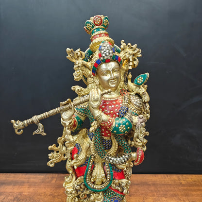 Brassaura® Handcrafted Brass Radha Krishna Statue with Meenakari Art | Large Lord Krishna Idol for Home Temple, Living Room & Office Décor | 27 Inches | 19 Kg