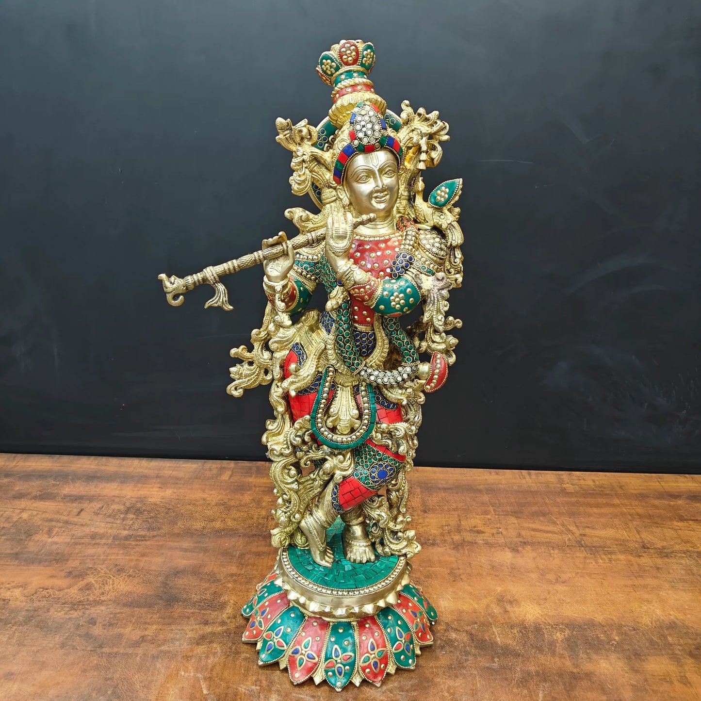 Brassaura® Handcrafted Brass Radha Krishna Statue with Meenakari Art | Large Lord Krishna Idol for Home Temple, Living Room & Office Décor | 27 Inches | 19 Kg