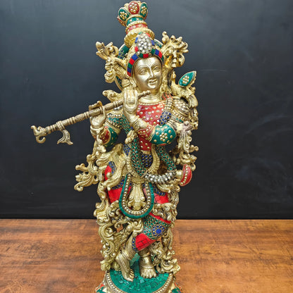 Brassaura® Handcrafted Brass Radha Krishna Statue with Meenakari Art | Large Lord Krishna Idol for Home Temple, Living Room & Office Décor | 27 Inches | 19 Kg