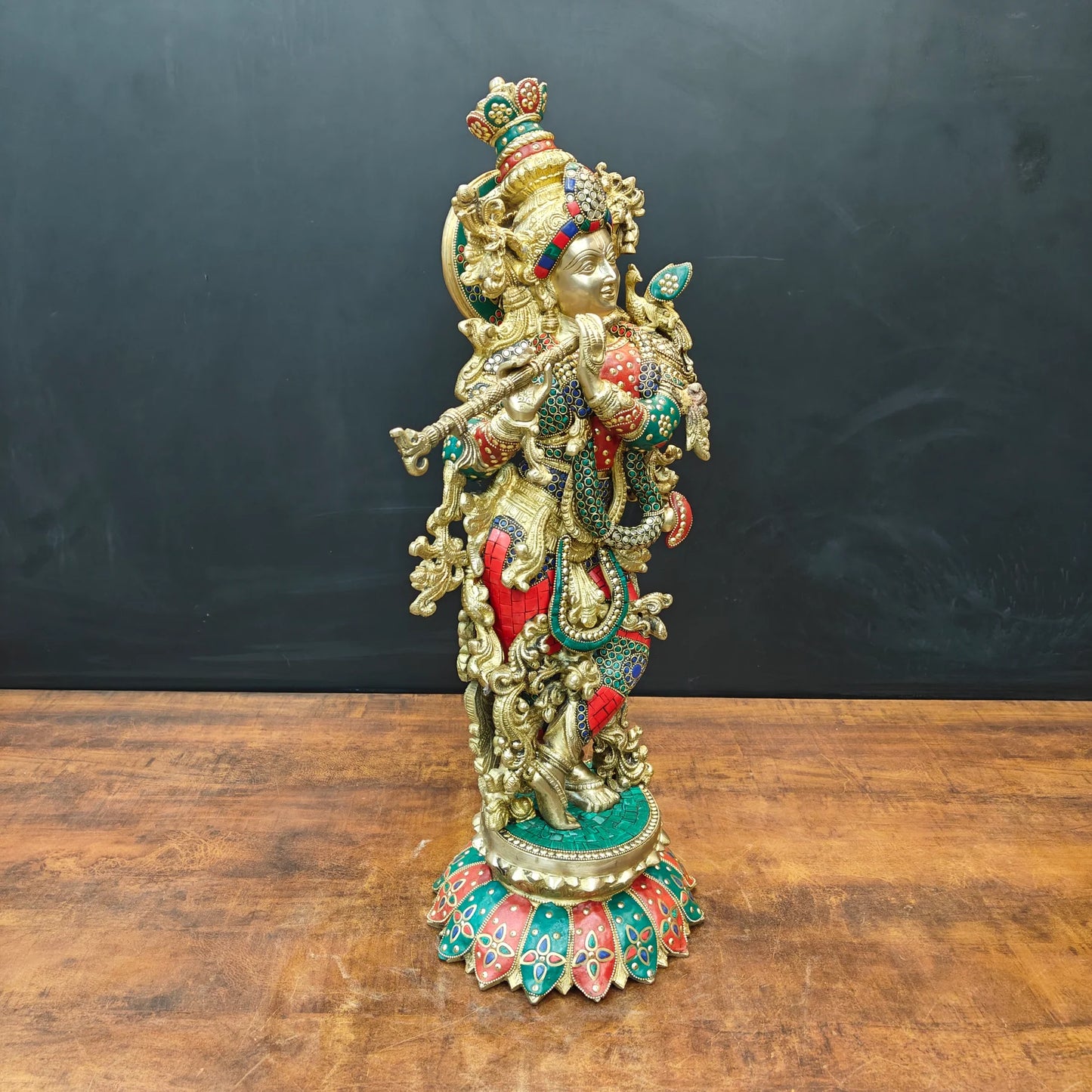 Brassaura® Handcrafted Brass Radha Krishna Statue with Meenakari Art | Large Lord Krishna Idol for Home Temple, Living Room & Office Décor | 27 Inches | 19 Kg