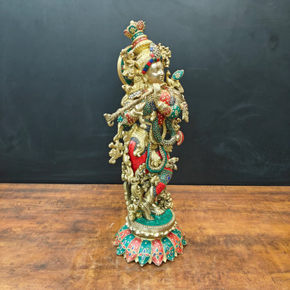 Brassaura® Handcrafted Brass Radha Krishna Statue with Meenakari Art | Large Lord Krishna Idol for Home Temple, Living Room & Office Décor | 27 Inches | 19 Kg