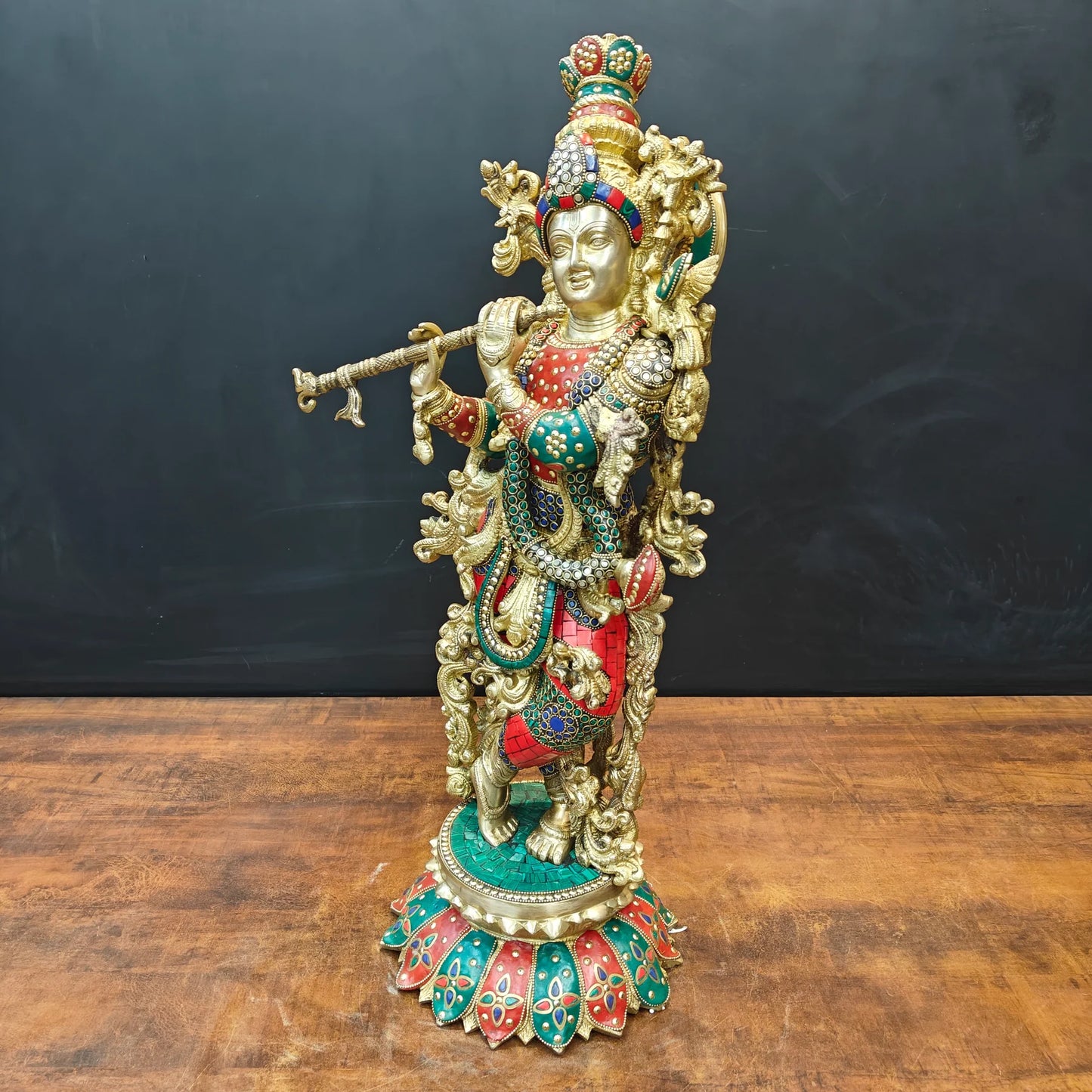 Brassaura® Handcrafted Brass Radha Krishna Statue with Meenakari Art | Large Lord Krishna Idol for Home Temple, Living Room & Office Décor | 27 Inches | 19 Kg