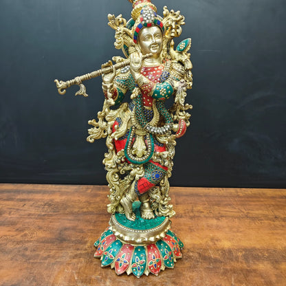 Brassaura® Handcrafted Brass Radha Krishna Statue with Meenakari Art | Large Lord Krishna Idol for Home Temple, Living Room & Office Décor | 27 Inches | 19 Kg