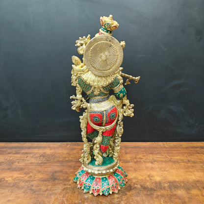 Brassaura® Handcrafted Brass Radha Krishna Statue with Meenakari Art | Large Lord Krishna Idol for Home Temple, Living Room & Office Décor | 27 Inches | 19 Kg