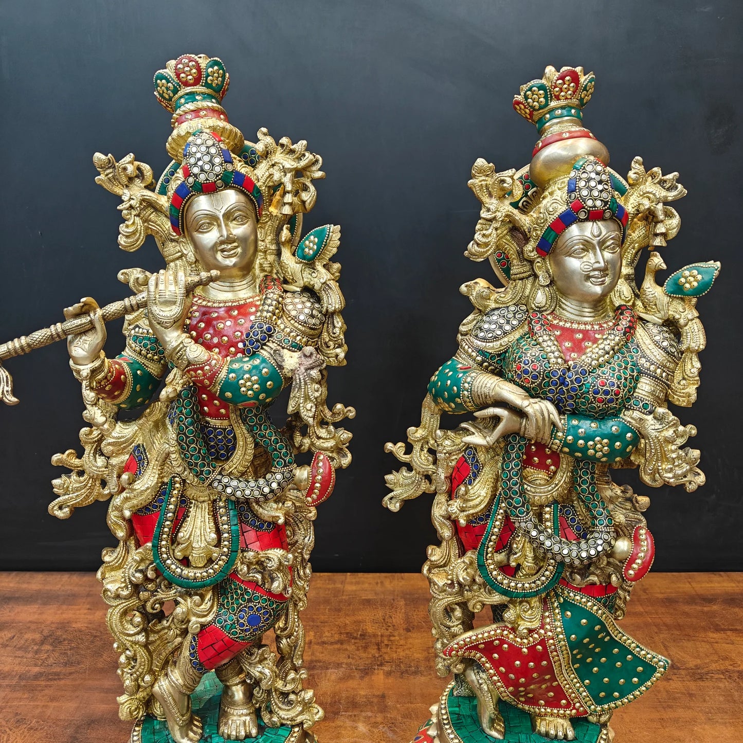 Brassaura® Handcrafted Brass Radha Krishna Idol Set with Stone Inlay Work | Premium Radha Krishna Statue for Home Temple, Living Room & Office Décor | 27 Inches | 38 Kg