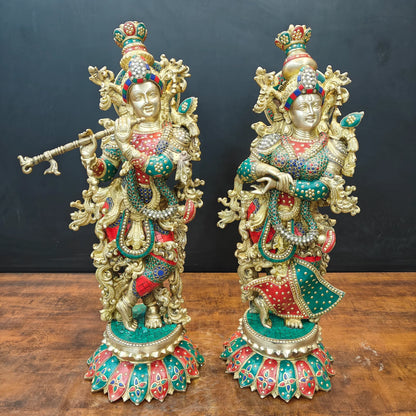 Brassaura® Handcrafted Brass Radha Krishna Idol Set with Stone Inlay Work | Premium Radha Krishna Statue for Home Temple, Living Room & Office Décor | 27 Inches | 38 Kg