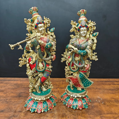 Brassaura® Handcrafted Brass Radha Krishna Idol Set with Stone Inlay Work | Premium Radha Krishna Statue for Home Temple, Living Room & Office Décor | 27 Inches | 38 Kg