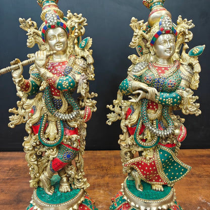 Brassaura® Handcrafted Brass Radha Krishna Idol Set with Stone Inlay Work | Premium Radha Krishna Statue for Home Temple, Living Room & Office Décor | 27 Inches | 38 Kg