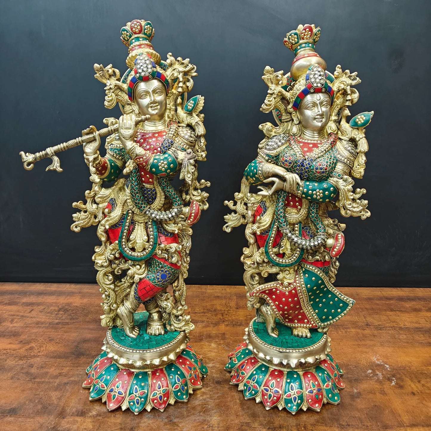 Brassaura® Handcrafted Brass Radha Krishna Idol Set with Stone Inlay Work | Premium Radha Krishna Statue for Home Temple, Living Room & Office Décor | 27 Inches | 38 Kg