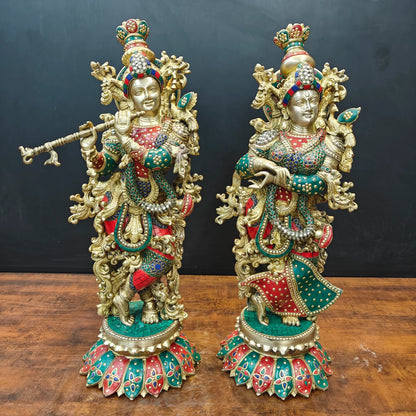 Brassaura® Handcrafted Brass Radha Krishna Idol Set with Stone Inlay Work | Premium Radha Krishna Statue for Home Temple, Living Room & Office Décor | 27 Inches | 38 Kg