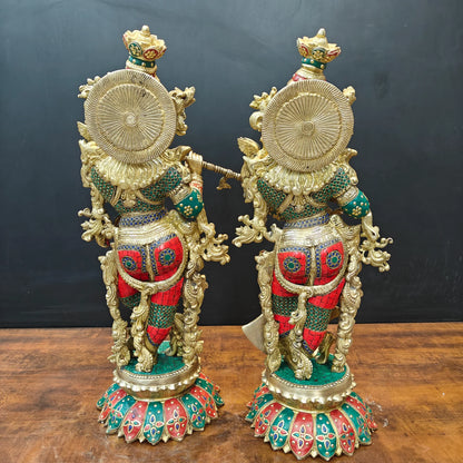 Brassaura® Handcrafted Brass Radha Krishna Idol Set with Stone Inlay Work | Premium Radha Krishna Statue for Home Temple, Living Room & Office Décor | 27 Inches | 38 Kg