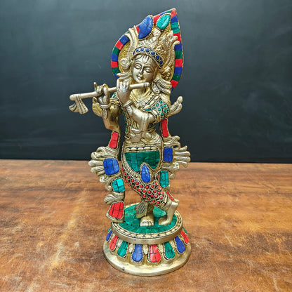 ब्रासोरा® वृंदावन वेणुगोपाल कृष्ण पीतल की प्रतिमा मोर के साथ | एंटीक नीला और सुनहरा रंग | ऊँचाई 20 इंच