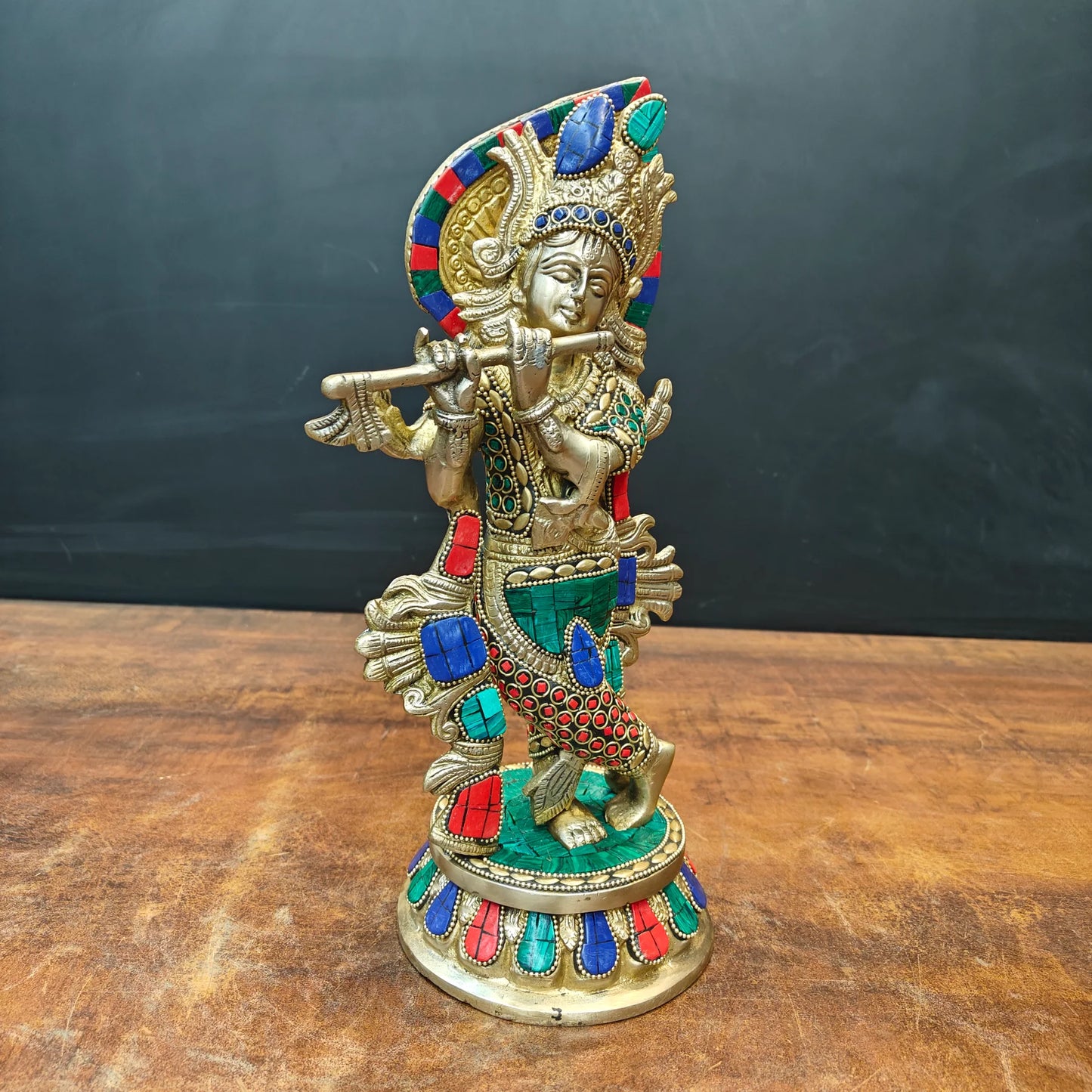 ब्रासोरा® वृंदावन वेणुगोपाल कृष्ण पीतल की प्रतिमा मोर के साथ | एंटीक नीला और सुनहरा रंग | ऊँचाई 20 इंच