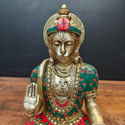 Brassaura® Brass Hanuman Idol | Lord Hanuman Sitting Statue with Handcrafted Stone Inlay | Bajrangbali Murti for Home Temple, Pooja Room & Vastu Décor | 11 Inch | 5.1 Kg