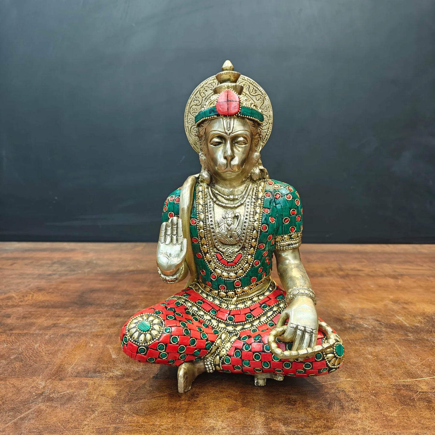 Brassaura® Brass Hanuman Idol | Lord Hanuman Sitting Statue with Handcrafted Stone Inlay | Bajrangbali Murti for Home Temple, Pooja Room & Vastu Décor | 11 Inch | 5.1 Kg