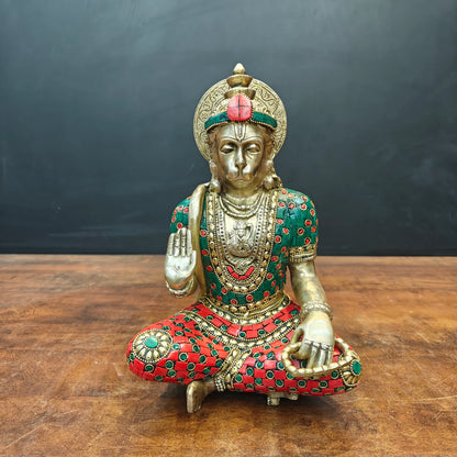 Brassaura® Brass Hanuman Idol | Lord Hanuman Sitting Statue with Handcrafted Stone Inlay | Bajrangbali Murti for Home Temple, Pooja Room & Vastu Décor | 11 Inch | 5.1 Kg