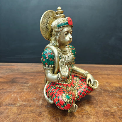 Brassaura® Brass Hanuman Idol | Lord Hanuman Sitting Statue with Handcrafted Stone Inlay | Bajrangbali Murti for Home Temple, Pooja Room & Vastu Décor | 11 Inch | 5.1 Kg