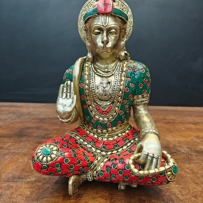 Brassaura® Brass Hanuman Idol | Lord Hanuman Sitting Statue with Handcrafted Stone Inlay | Bajrangbali Murti for Home Temple, Pooja Room & Vastu Décor | 11 Inch | 5.1 Kg