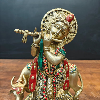 ब्रासोरा® वृंदावन वेणुगोपाल कृष्ण पीतल की प्रतिमा मोर के साथ | एंटीक नीला और सुनहरा रंग | ऊँचाई 20 इंच