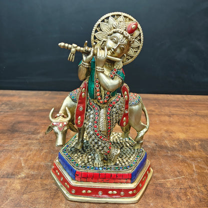 ब्रासोरा® वृंदावन वेणुगोपाल कृष्ण पीतल की प्रतिमा मोर के साथ | एंटीक नीला और सुनहरा रंग | ऊँचाई 20 इंच