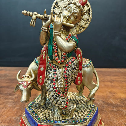 ब्रासोरा® वृंदावन वेणुगोपाल कृष्ण पीतल की प्रतिमा मोर के साथ | एंटीक नीला और सुनहरा रंग | ऊँचाई 20 इंच