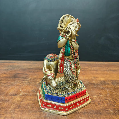 ब्रासोरा® वृंदावन वेणुगोपाल कृष्ण पीतल की प्रतिमा मोर के साथ | एंटीक नीला और सुनहरा रंग | ऊँचाई 20 इंच