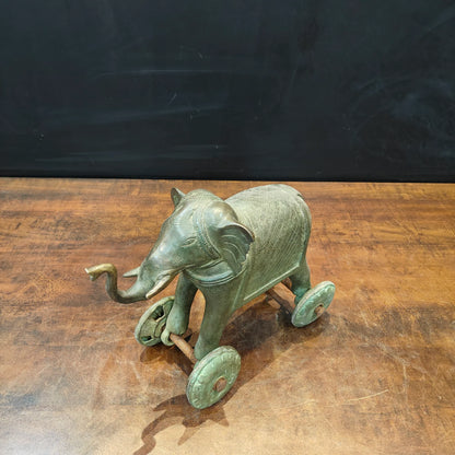 Brassaura® Brass Elephant on Wheels Statue | Handcrafted Vintage Pull Elephant Showpiece | Traditional Brass Home Décor, Vastu & Collectible Artifact | 10 Inches | 9 Kg