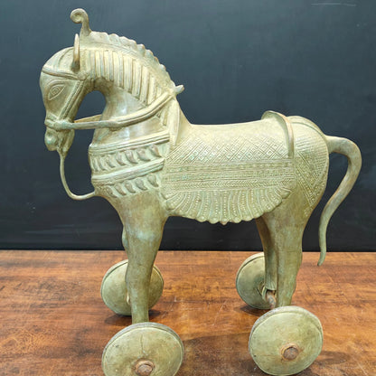 Brassaura® Brass Horse on Wheels Statue | Handcrafted Vintage Horse Showpiece | Traditional Brass Horse Sculpture for Home Décor, Vastu & Collectible Display | 18 Inches | 18 Kg