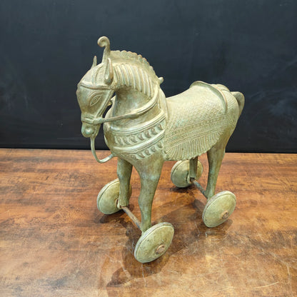 Brassaura® Brass Horse on Wheels Statue | Handcrafted Vintage Horse Showpiece | Traditional Brass Horse Sculpture for Home Décor, Vastu & Collectible Display | 18 Inches | 18 Kg