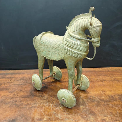 Brassaura® Brass Horse on Wheels Statue | Handcrafted Vintage Horse Showpiece | Traditional Brass Horse Sculpture for Home Décor, Vastu & Collectible Display | 18 Inches | 18 Kg