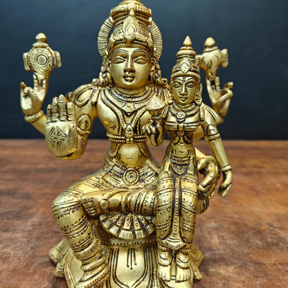 Brassaura® Handmade Brass Lakshmi Narayan Idol | Laxmi Vishnu Murti for Home Temple, Pooja Room & Spiritual Décor | Height 9 Inches | 4 Kg