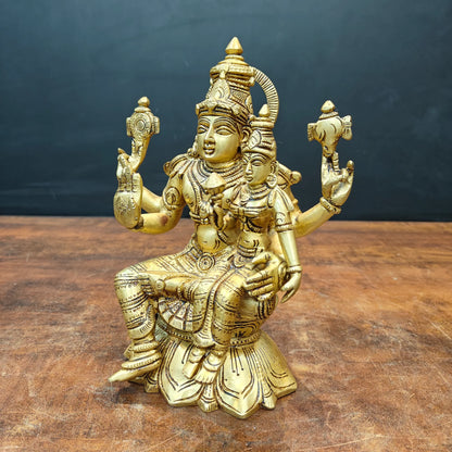 Brassaura® Handmade Brass Lakshmi Narayan Idol | Laxmi Vishnu Murti for Home Temple, Pooja Room & Spiritual Décor | Height 9 Inches | 4 Kg