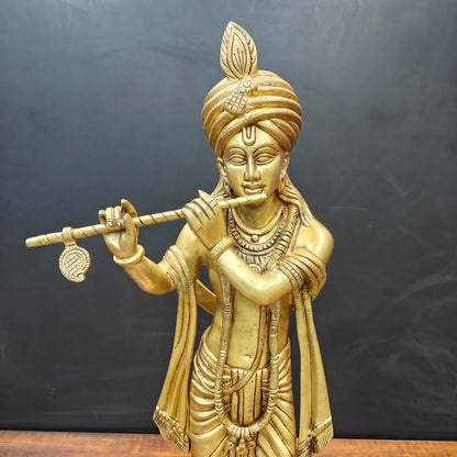 ब्रासोरा® वृंदावन वेणुगोपाल कृष्ण पीतल की प्रतिमा मोर के साथ | एंटीक नीला और सुनहरा रंग | ऊँचाई 20 इंच