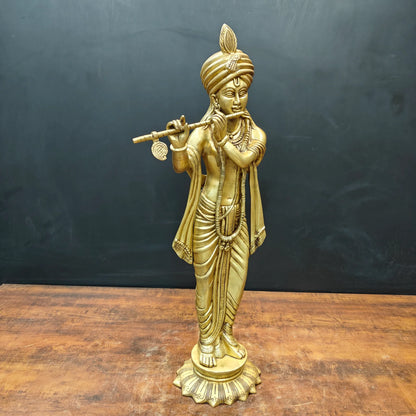 ब्रासोरा® वृंदावन वेणुगोपाल कृष्ण पीतल की प्रतिमा मोर के साथ | एंटीक नीला और सुनहरा रंग | ऊँचाई 20 इंच