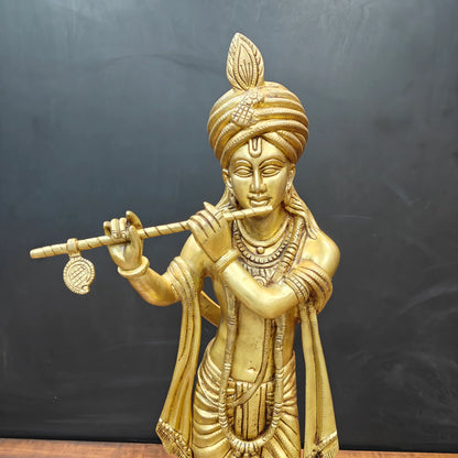ब्रासोरा® वृंदावन वेणुगोपाल कृष्ण पीतल की प्रतिमा मोर के साथ | एंटीक नीला और सुनहरा रंग | ऊँचाई 20 इंच