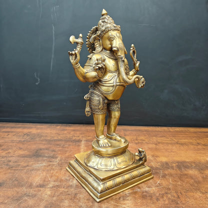 Brassaura® Handmade Brass Standing Lord Ganesha Idol | Ganesh Murti for Home Temple, Office & Pooja Room | Height 18 Inches | 11 Kg