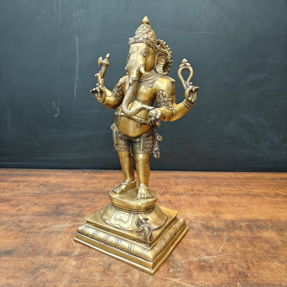 Brassaura® Handmade Brass Standing Lord Ganesha Idol | Ganesh Murti for Home Temple, Office & Pooja Room | Height 18 Inches | 11 Kg