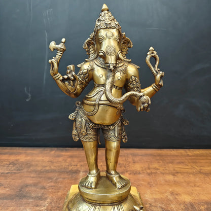Brassaura® Handmade Brass Standing Lord Ganesha Idol | Ganesh Murti for Home Temple, Office & Pooja Room | Height 18 Inches | 11 Kg