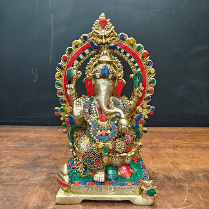 Brassaura® Handcrafted Brass Lord Ganesha Idol with Decorative Prabhavali Arch | Premium Ganpati Statue for Home Temple, Living Room & Office Décor | 18 Inches | 13 Kg