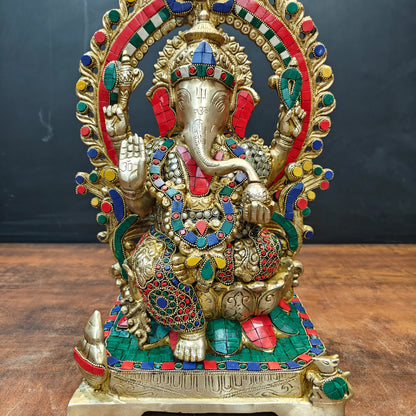 Brassaura® Handcrafted Brass Lord Ganesha Idol with Decorative Prabhavali Arch | Premium Ganpati Statue for Home Temple, Living Room & Office Décor | 18 Inches | 13 Kg