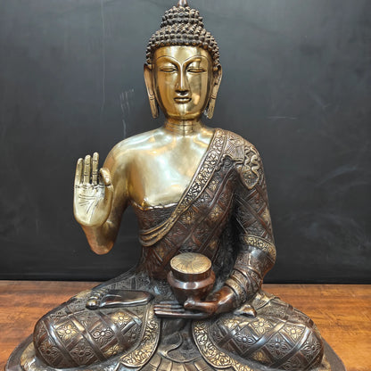 Brassaura® Brass Buddha Statue with Alms Bowl | Antique Finish Sitting Buddha Idol in Abhaya Mudra | Spiritual Home Temple, Meditation & Living Room Décor | 29 Inches | 33 Kg