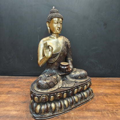 Brassaura® Brass Buddha Statue with Alms Bowl | Antique Finish Sitting Buddha Idol in Abhaya Mudra | Spiritual Home Temple, Meditation & Living Room Décor | 29 Inches | 33 Kg