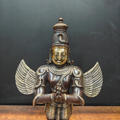 Brassaura® Brass Garuda Statue | Standing Garuda with Namaste Pose | Sacred Vishnu Vahana Idol for Home Temple, Pooja Room & Vastu Décor | Antique Finish | 23 Inch | 9.5 Kg