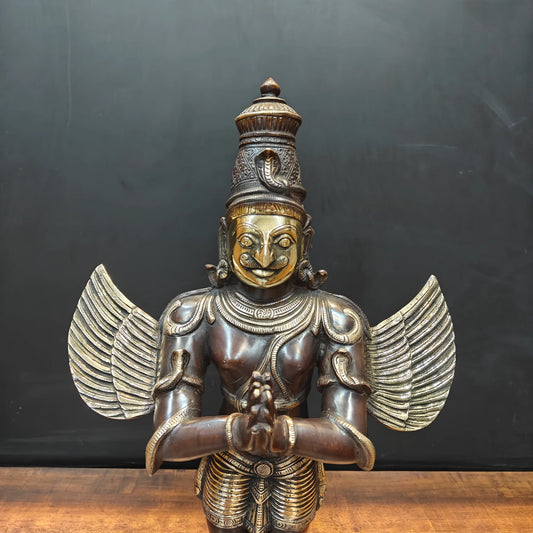 Brassaura® Brass Garuda Statue | Standing Garuda with Namaste Pose | Sacred Vishnu Vahana Idol for Home Temple, Pooja Room & Vastu Décor | Antique Finish | 23 Inch | 9.5 Kg